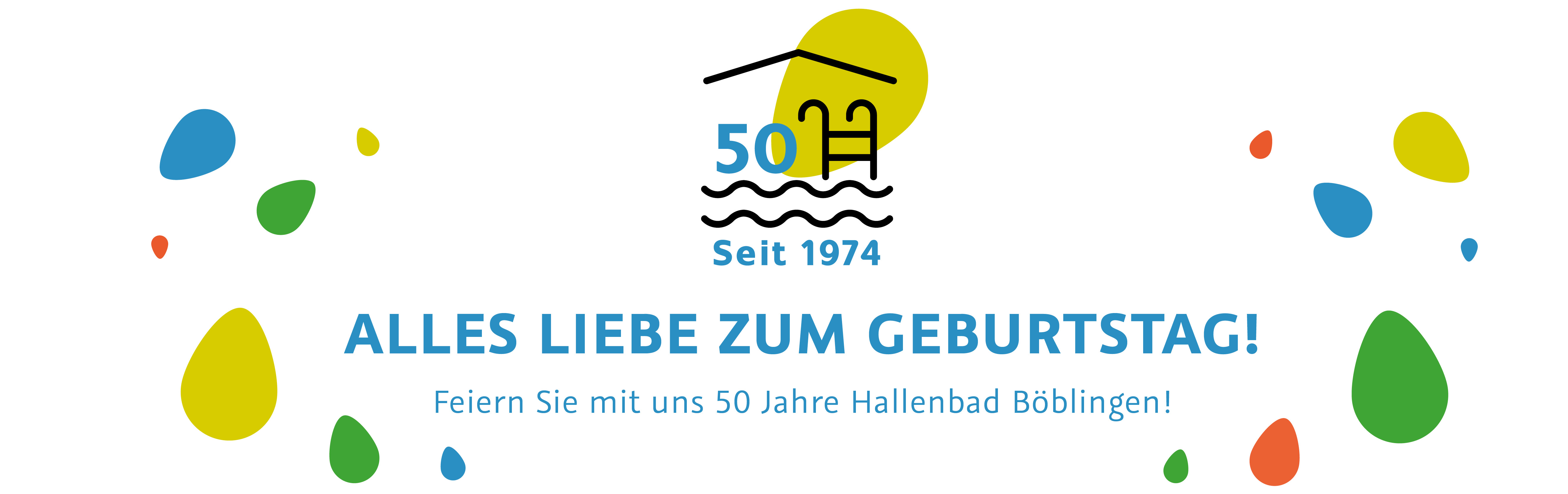 Bunte Sphären die aussehen wie Konfetti und um einen Schriftzug platziert sind. Dieser liest: "ALLES LIEBE ZUM GEBURTSTAG! Feiern Sie mit uns 50 Jahre Hallenbad"